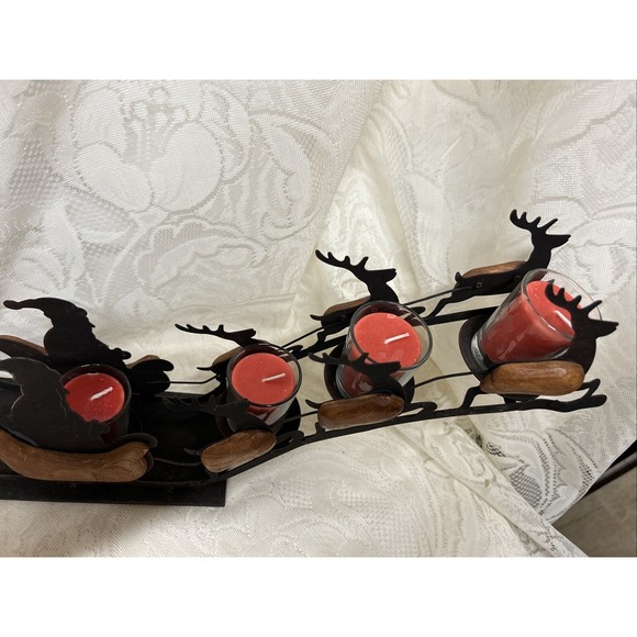 Vintage Christmas Santa Sleigh Reindeer Silhouette Metal Wood 4 Candle Holder - Picture 2 of 12